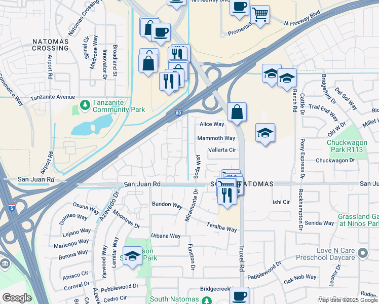 map of restaurants, bars, coffee shops, grocery stores, and more near 3422 Summer Park Drive in Sacramento