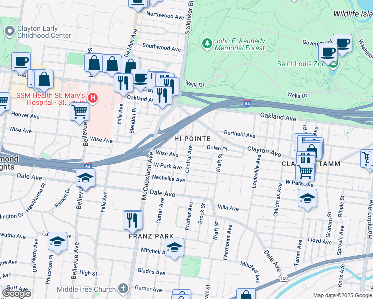 map of restaurants, bars, coffee shops, grocery stores, and more near 6770 Dolan Place in St. Louis