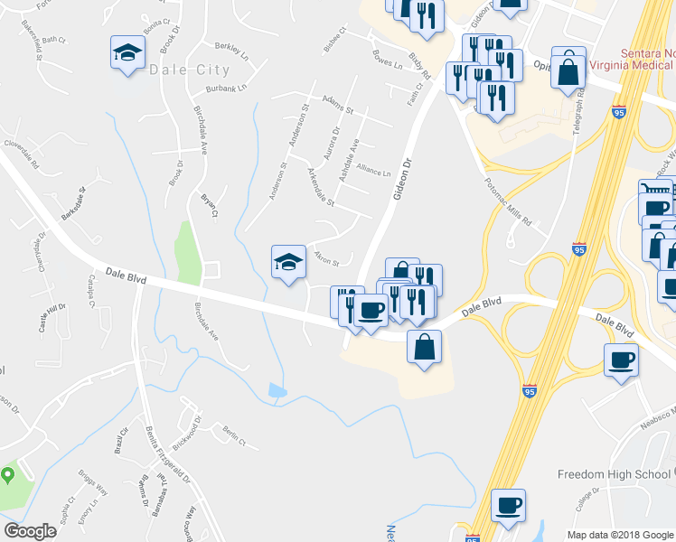 map of restaurants, bars, coffee shops, grocery stores, and more near 2995 Akron Street in Woodbridge
