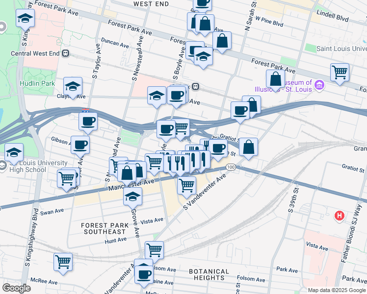 map of restaurants, bars, coffee shops, grocery stores, and more near 4146 Papin Street in St. Louis