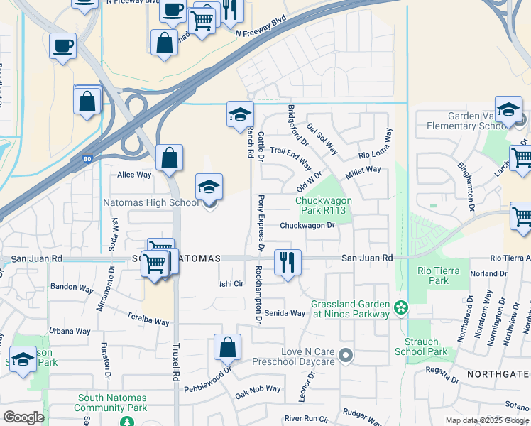 map of restaurants, bars, coffee shops, grocery stores, and more near 2 Stampede Court in Sacramento