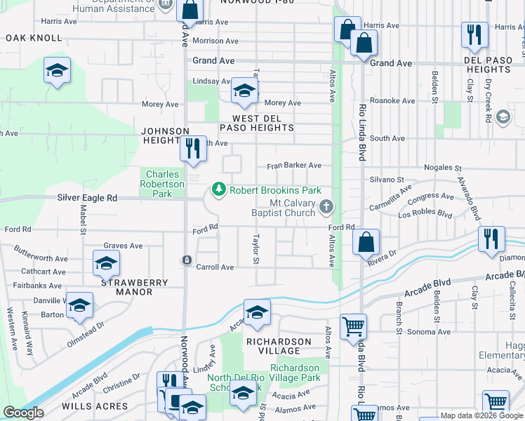 map of restaurants, bars, coffee shops, grocery stores, and more near 3424 Taylor Street in Sacramento