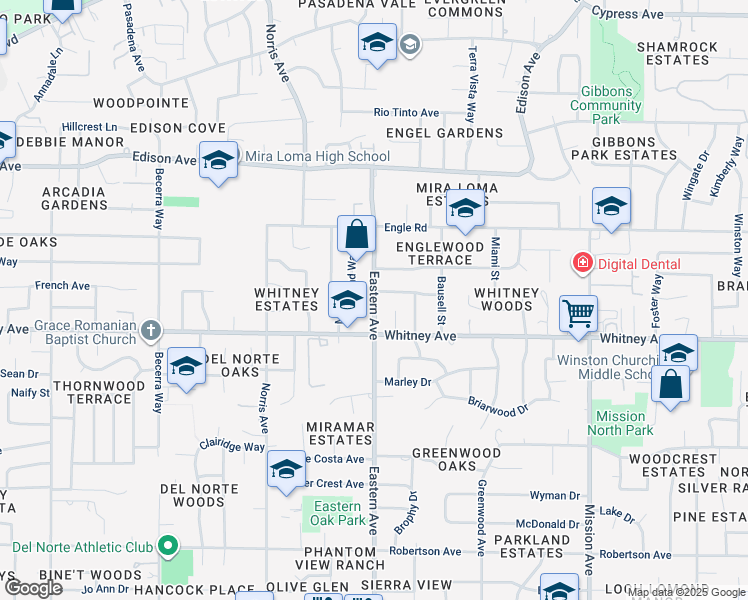 map of restaurants, bars, coffee shops, grocery stores, and more near 3531 Eastern Avenue in Sacramento