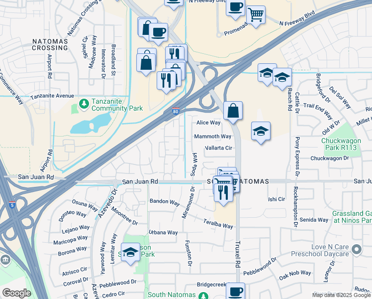 map of restaurants, bars, coffee shops, grocery stores, and more near 3422 Summer Park Drive in Sacramento