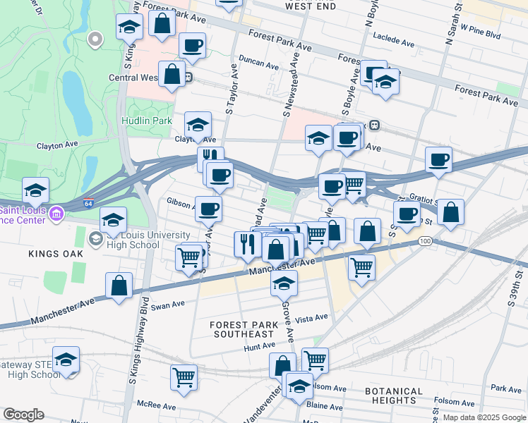 map of restaurants, bars, coffee shops, grocery stores, and more near 1011 South Newstead Avenue in St. Louis