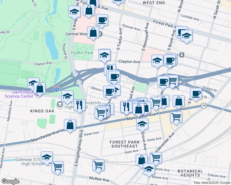 map of restaurants, bars, coffee shops, grocery stores, and more near 1037 South Taylor Avenue in St. Louis
