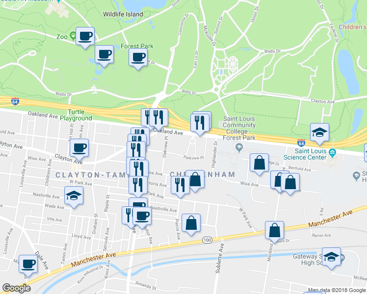 map of restaurants, bars, coffee shops, grocery stores, and more near 1031 West Highlands Plaza Drive in St. Louis