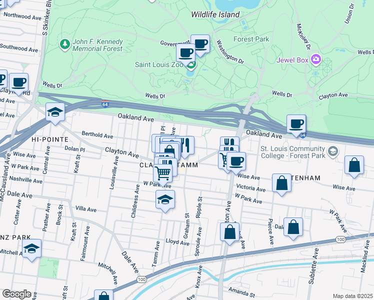 map of restaurants, bars, coffee shops, grocery stores, and more near 1112 Graham Street in St. Louis