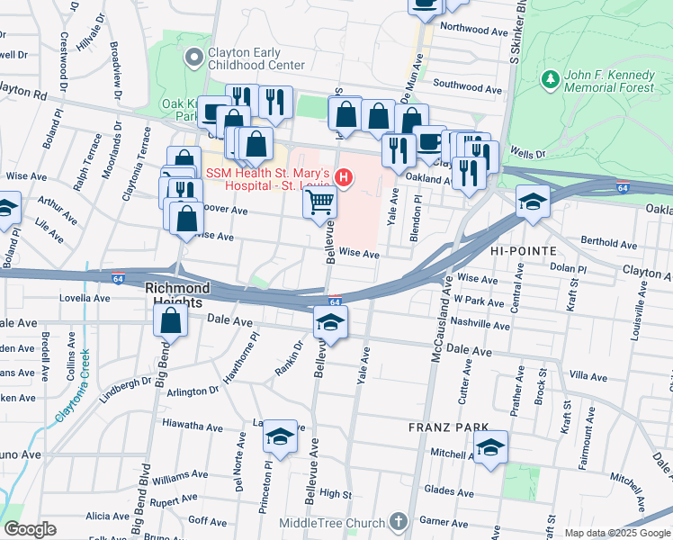 map of restaurants, bars, coffee shops, grocery stores, and more near 1220 Bellevue Avenue in Richmond Heights