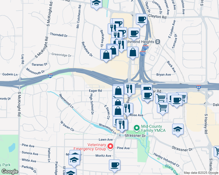 map of restaurants, bars, coffee shops, grocery stores, and more near 8830 Eager Road in St. Louis