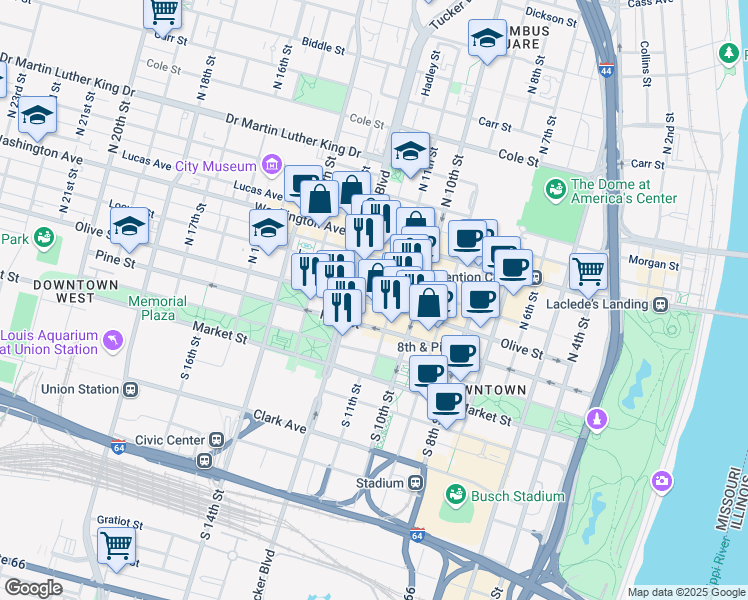 map of restaurants, bars, coffee shops, grocery stores, and more near 1113 Olive Street in St. Louis