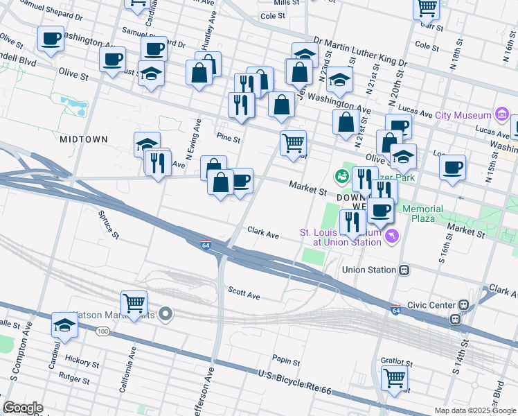 map of restaurants, bars, coffee shops, grocery stores, and more near 226 South Jefferson Avenue in St. Louis