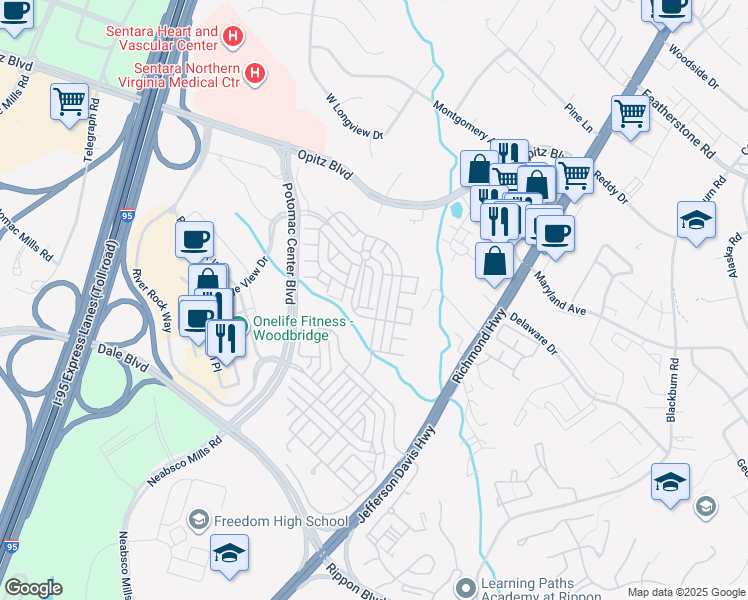 map of restaurants, bars, coffee shops, grocery stores, and more near 14860 Potomac Branch Drive in Woodbridge