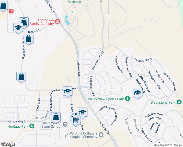 map of restaurants, bars, coffee shops, grocery stores, and more near Blackstone Pkwy & Aldridge Way in El Dorado Hills