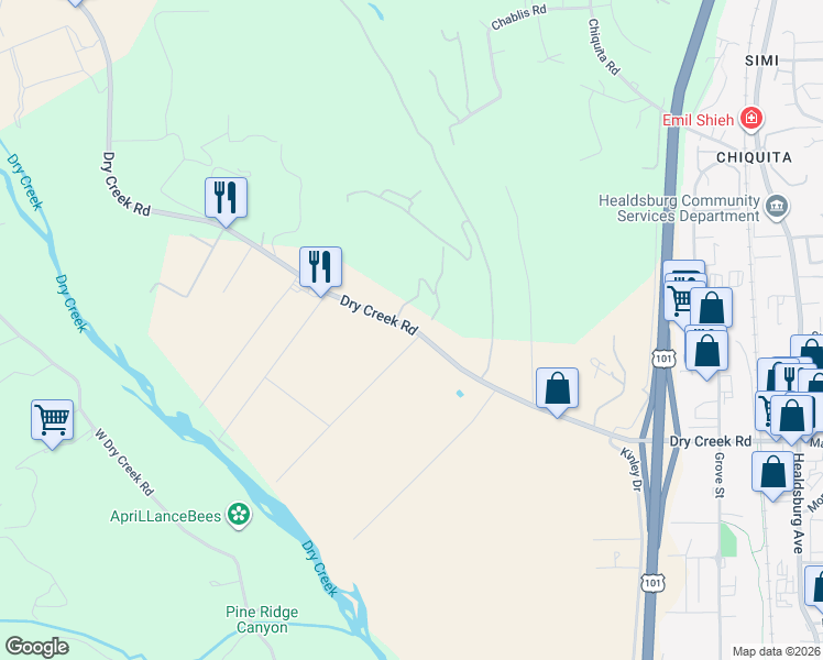 map of restaurants, bars, coffee shops, grocery stores, and more near 830 Dry Creek Rd in Healdsburg