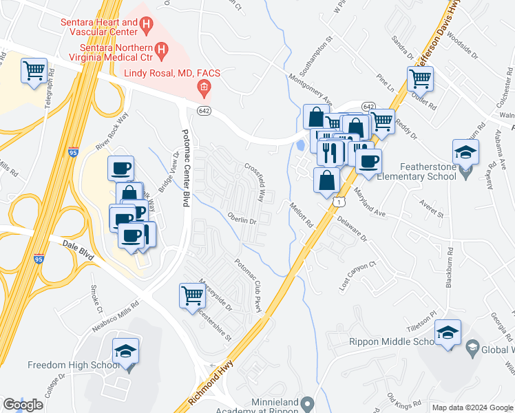map of restaurants, bars, coffee shops, grocery stores, and more near 14620 Crossfield Way in Woodbridge