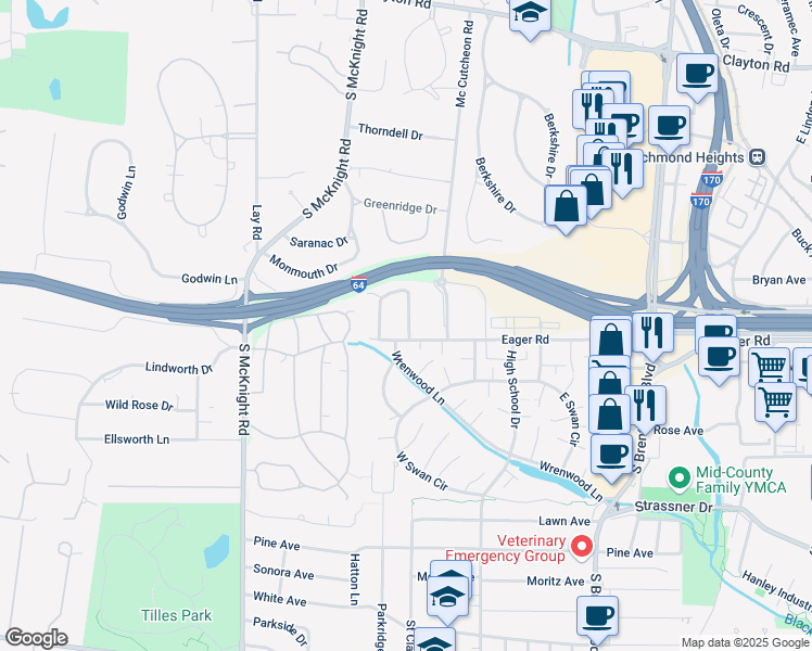 map of restaurants, bars, coffee shops, grocery stores, and more near 2 Chafford Woods in St. Louis