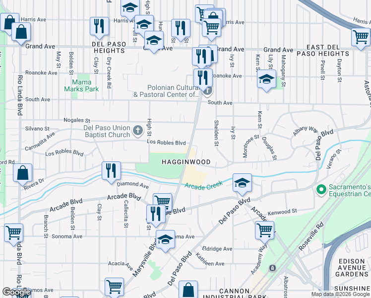 map of restaurants, bars, coffee shops, grocery stores, and more near 3373 Marysville Boulevard in Sacramento