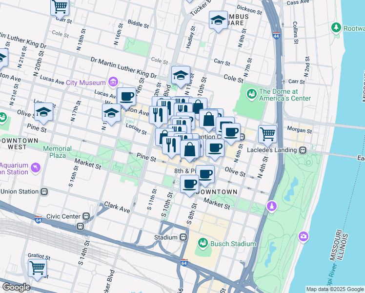 map of restaurants, bars, coffee shops, grocery stores, and more near in St. Louis