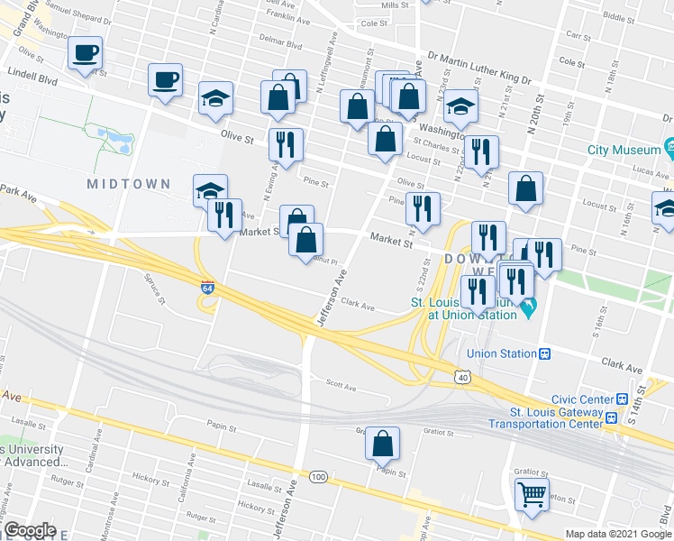map of restaurants, bars, coffee shops, grocery stores, and more near 226 South Jefferson Avenue in St. Louis