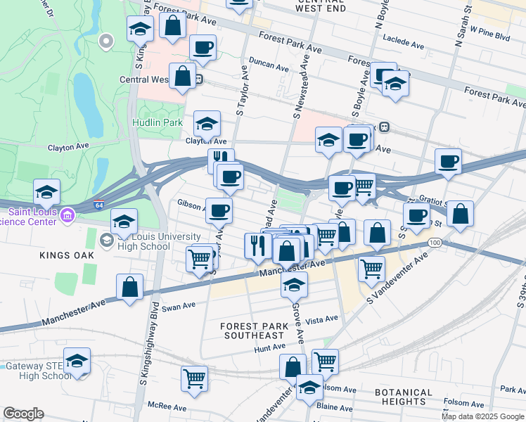 map of restaurants, bars, coffee shops, grocery stores, and more near 1011 South Newstead Avenue in St. Louis