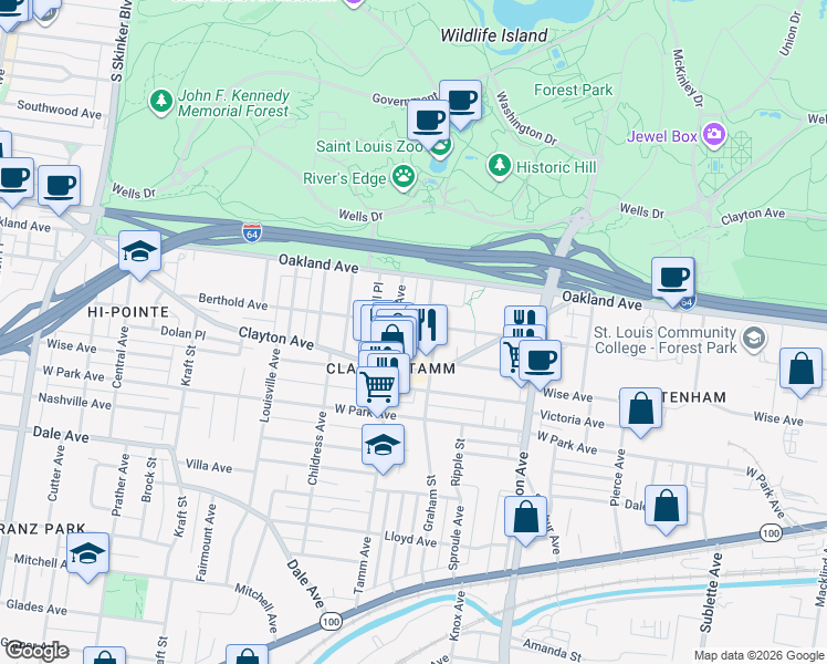 map of restaurants, bars, coffee shops, grocery stores, and more near in St. Louis