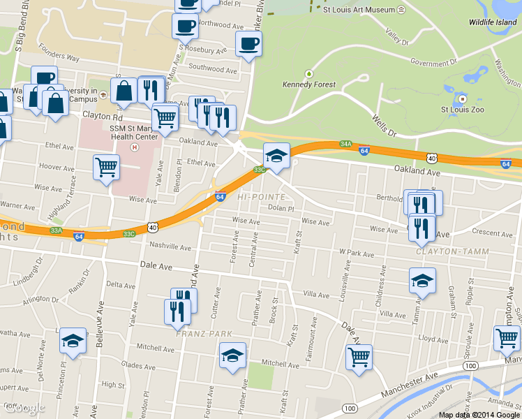 map of restaurants, bars, coffee shops, grocery stores, and more near 6770 Dolan Place in St. Louis