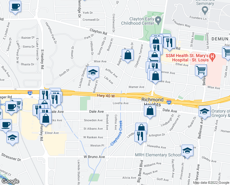 map of restaurants, bars, coffee shops, grocery stores, and more near 1269 Moorlands Drive in Richmond Heights