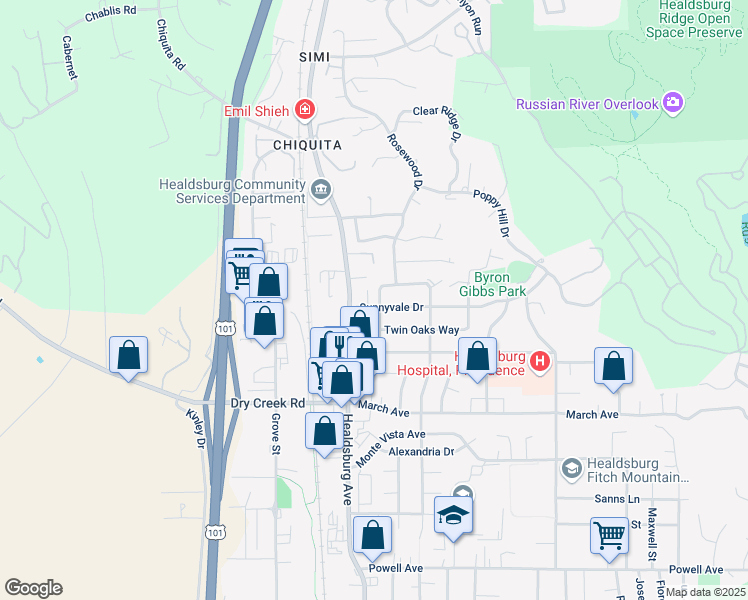 map of restaurants, bars, coffee shops, grocery stores, and more near 129 Sunnyvale Drive in Healdsburg