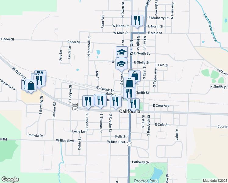 map of restaurants, bars, coffee shops, grocery stores, and more near 298 West Patrick Street in California