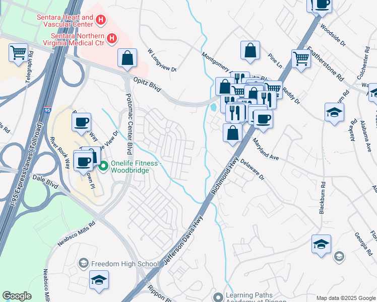 map of restaurants, bars, coffee shops, grocery stores, and more near 2206 Greywing Street in Woodbridge