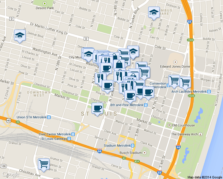 map of restaurants, bars, coffee shops, grocery stores, and more near 299 N Tucker Blvd in St Louis