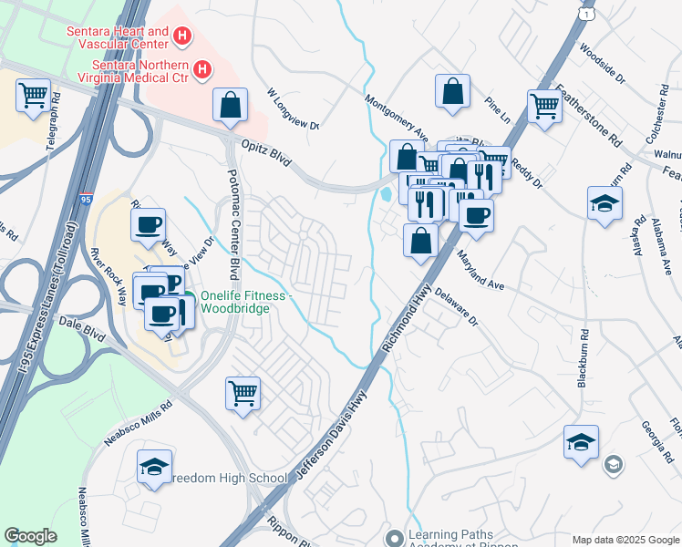map of restaurants, bars, coffee shops, grocery stores, and more near 2206 Greywing Street in Woodbridge