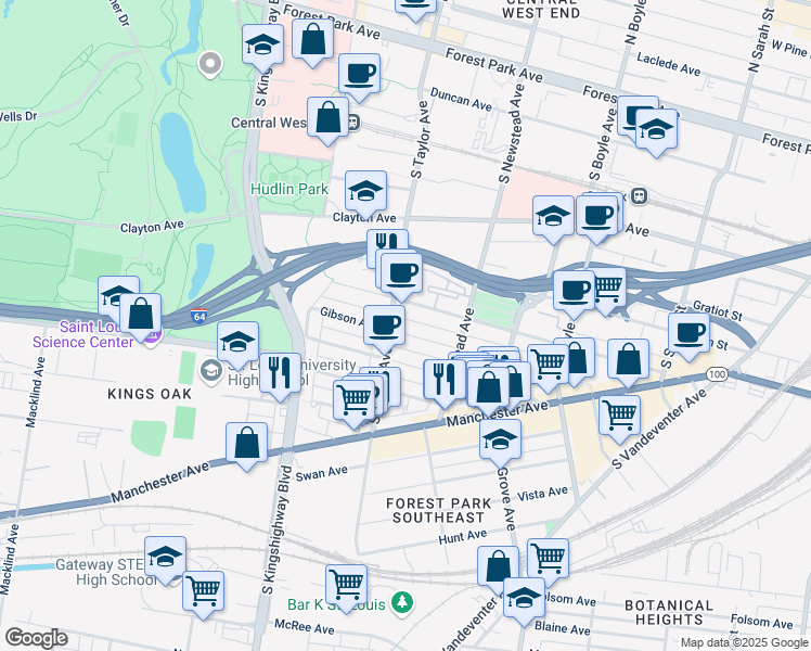 map of restaurants, bars, coffee shops, grocery stores, and more near 1037 South Taylor Avenue in St. Louis