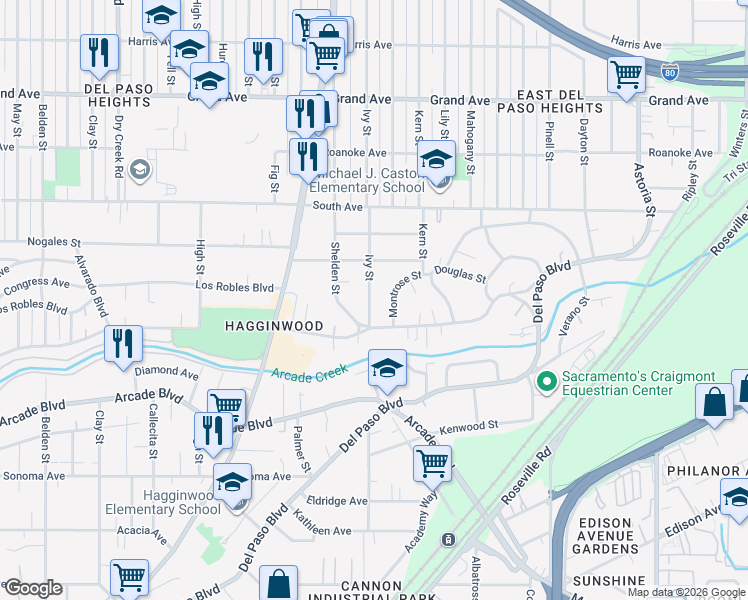 map of restaurants, bars, coffee shops, grocery stores, and more near 3340 Ivy Street in Sacramento