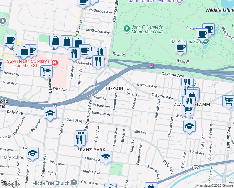 map of restaurants, bars, coffee shops, grocery stores, and more near 6770 Dolan Place in St. Louis