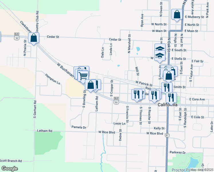 map of restaurants, bars, coffee shops, grocery stores, and more near 401-499 S Cooper St in California