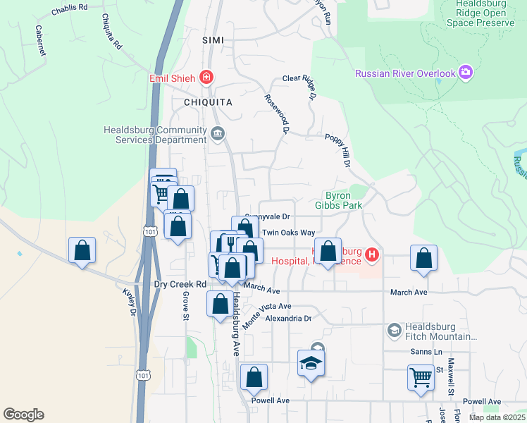 map of restaurants, bars, coffee shops, grocery stores, and more near 203 Sunnyvale Drive in Healdsburg