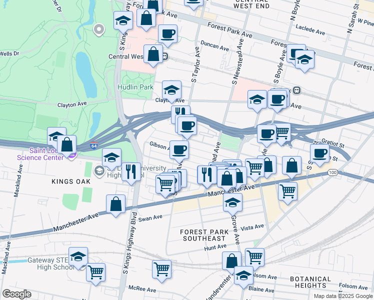 map of restaurants, bars, coffee shops, grocery stores, and more near 4467 Gibson Avenue in St. Louis