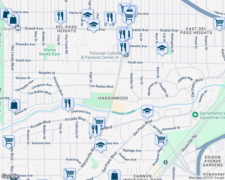 map of restaurants, bars, coffee shops, grocery stores, and more near 3373 Marysville Boulevard in Sacramento