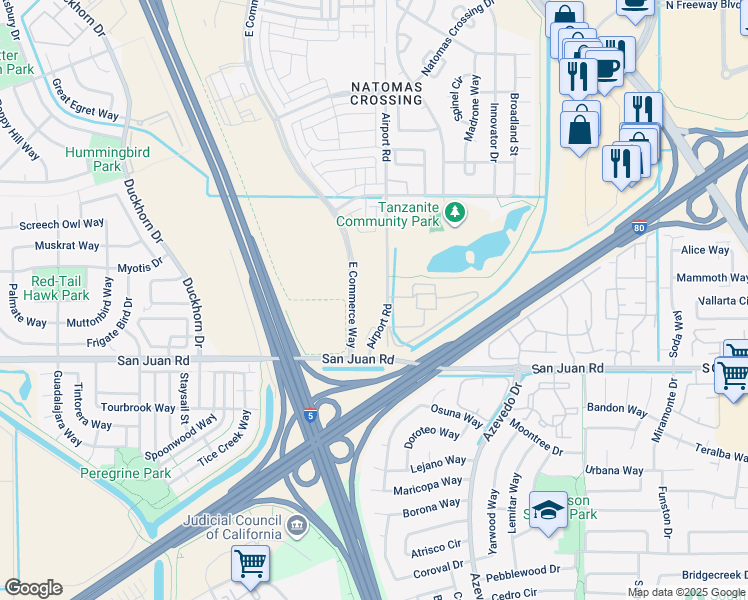 map of restaurants, bars, coffee shops, grocery stores, and more near 3441 Airport Road in Sacramento