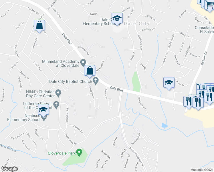 map of restaurants, bars, coffee shops, grocery stores, and more near Dale Blvd & Catalpa Ct in Woodbridge