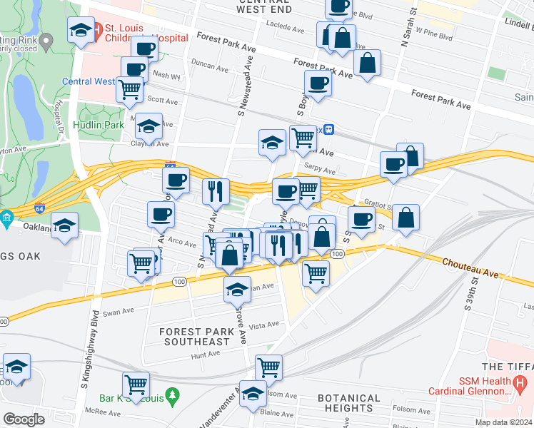 map of restaurants, bars, coffee shops, grocery stores, and more near 4321 Chouteau Avenue in St. Louis