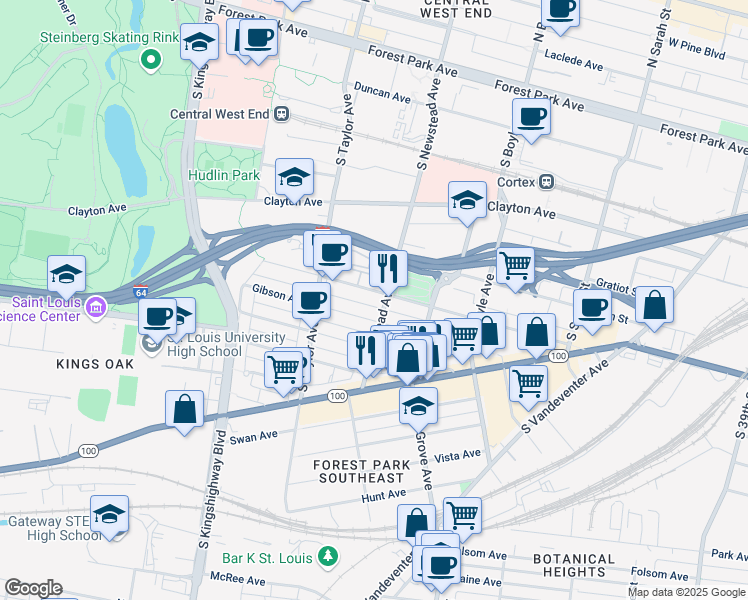 map of restaurants, bars, coffee shops, grocery stores, and more near 4410 Chouteau Avenue in Saint Louis