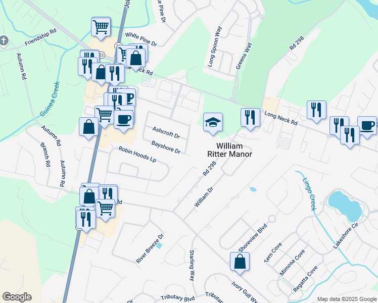 map of restaurants, bars, coffee shops, grocery stores, and more near 32342 Bayshore Drive in Millsboro