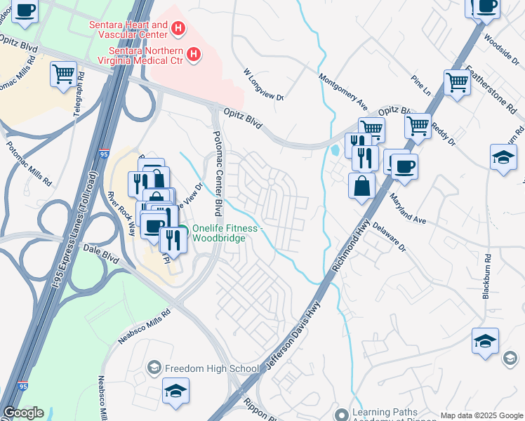 map of restaurants, bars, coffee shops, grocery stores, and more near 2211 Oberlin Drive in Woodbridge