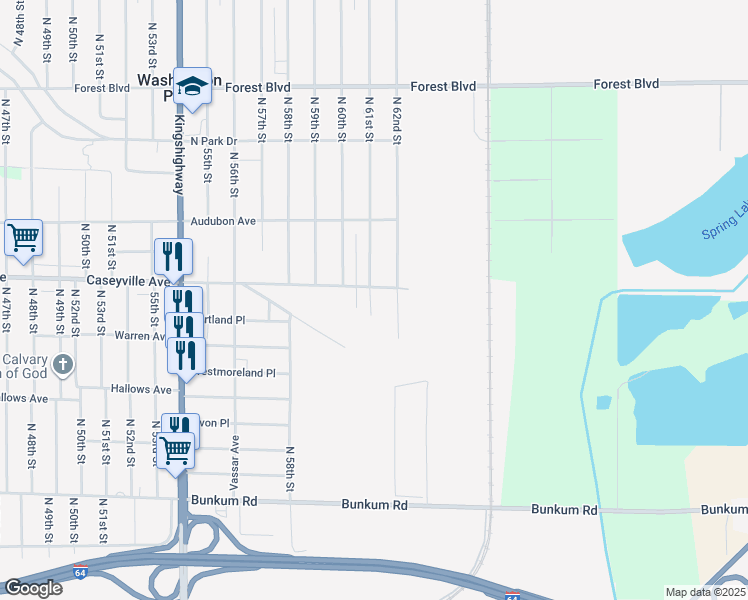 map of restaurants, bars, coffee shops, grocery stores, and more near 1659 North 61st Street in East St. Louis