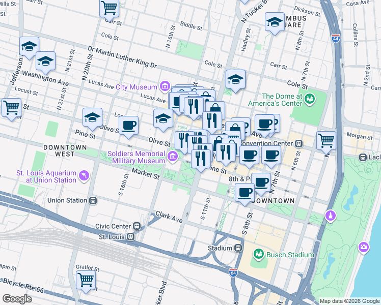map of restaurants, bars, coffee shops, grocery stores, and more near 1226 Olive Street in St. Louis