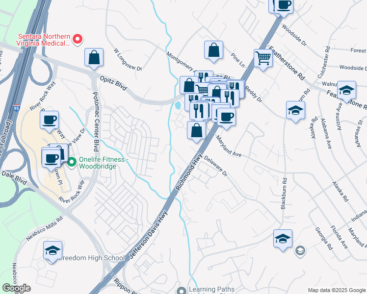 map of restaurants, bars, coffee shops, grocery stores, and more near 14906 Jefferson Davis Highway in Woodbridge