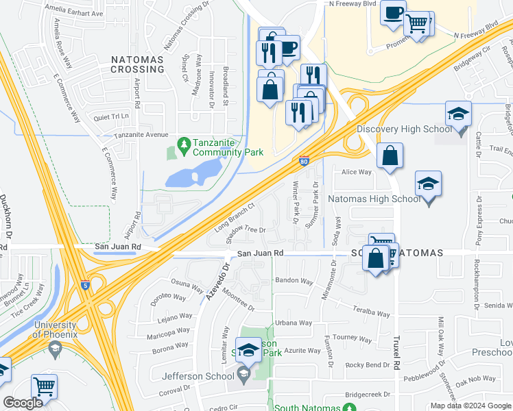 map of restaurants, bars, coffee shops, grocery stores, and more near 3395 Smoketree Drive in Sacramento